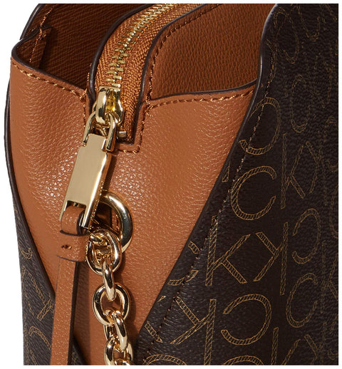 Calvin Klein Hailey Signature Triple Compartment Chain Crossbody, Brown/Khaki/Caramel Linear Calvin Klein