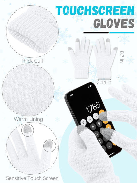 Winter Scarf Hat Earmuffs Gloves, White Ear Warmer Knitted Beanie Touch Screen Gloves Check Warm Scarf for Women Winter LOROME