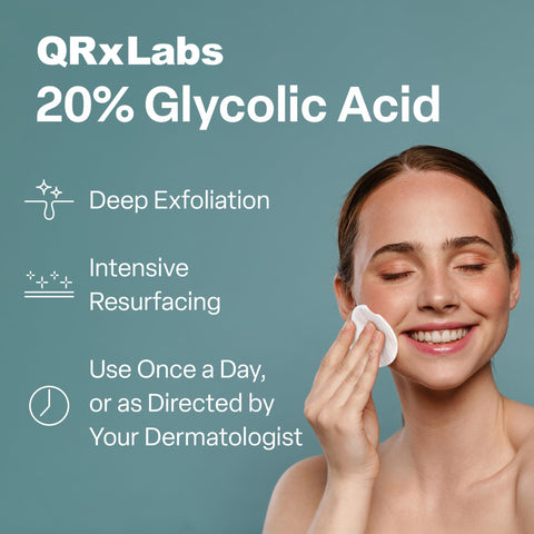Glycolic Acid 20% Resurfacing Pads for Face & Body with Vitamins B5, C & E, Green Tea, Calendula, Allantoin - Exfoliates Surface Skin and Reduces Appearance of Fine Lines and Wrinkles - Peel Pads QRxLabs