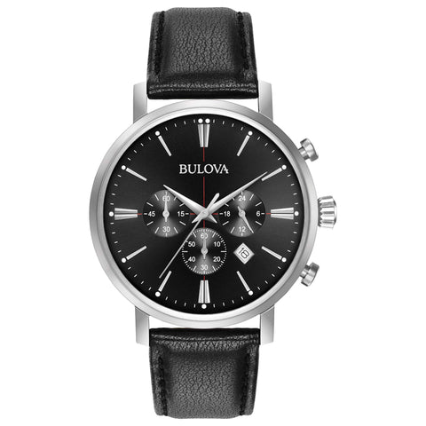 Bulova Men's Classic Aerojet Stainless Steel 6-Hand Chronograph Watch with Black Leather Strap, 41mm Style: 96B262 Bulova