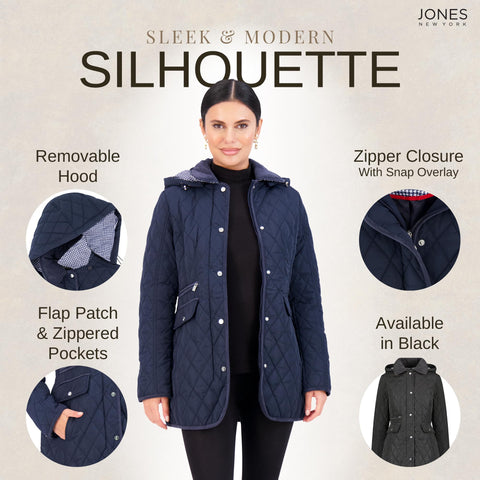 Jones NY Mid-Length Womens Quilted Jacket with Pockets - Winter Coats for Women, Jones New York