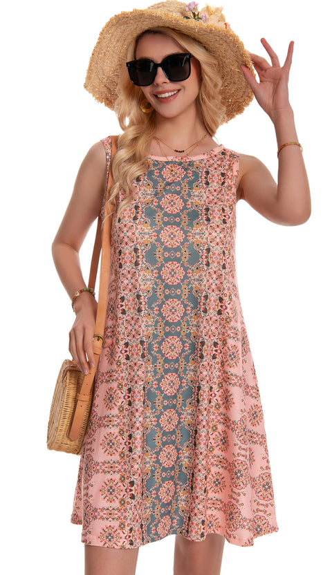 Sundress for Women Floral Bohemian Dress Sleeveless Loose Aline Beach Cover Up(Pink Boho Flower,L) elescat