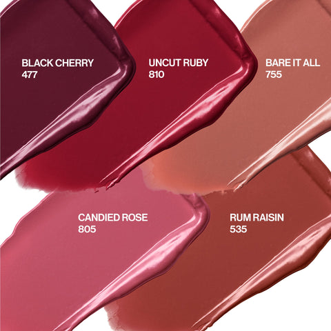 REVLON Super Lustrous Lipstick Gift Set, 5-Piece, Creamy Formula, Moisturized Feel, 755 Bare It All, 477 Black Cherry, 535 Rum Raisin, 805 Candied Rose, 810 Uncut Ruby