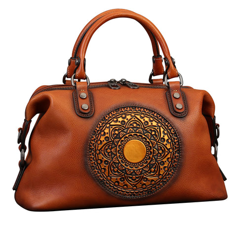 Leather Handbag for Women, Genuine Leather Purses Retro Mandela Crossbody Handbag Tote Bag (Retro Brown) Zhuoliang