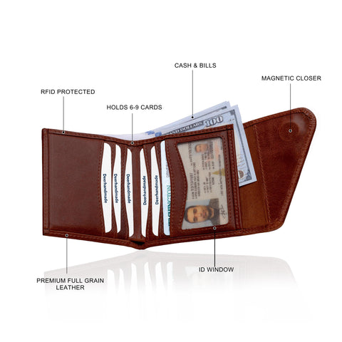 DEERHANDMADE Leather Wallet for Men | Fancy Bifold Handcrafted Mens Wallet with Magnetic closer & RFID Protection | Holds 6-10 Cards,1 ID Window, Cash Components (Garnet Edition, Dark Brown) DEERHANDMADE