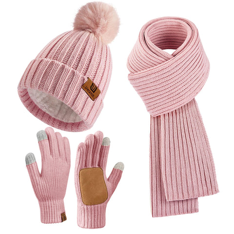 Winter Beanie Hat Scarf Gloves Set Gifts for Women Fleece Lined Classic Beanie with Pom Pom Long Scarf Touchscreen Gloves 3 Set Pink Uerymit