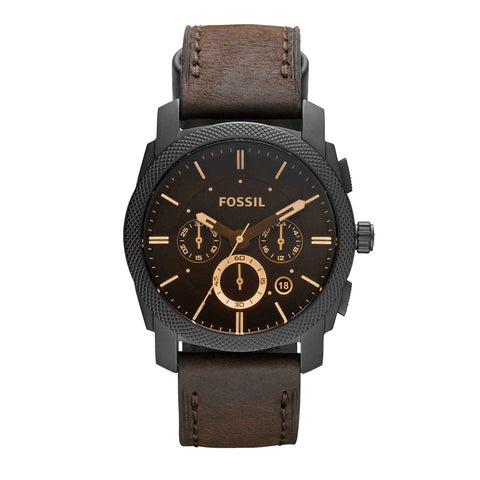 Fossil Men's Machine Quartz Stainless Steel and Leather Chronograph Watch, Color: Black, Dark Brown (Model: FS4656) Fossil
