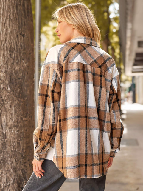 AUTOMET Womens Fall Outfits Fashion Clothes Shackets Flannel Plaid Button Down Long Sleeve Shirts Jackets Apricot L