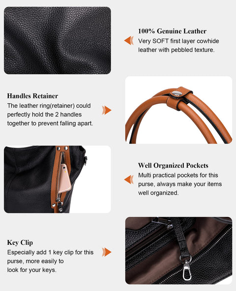 Over Earth Genuine Leather Handbags for Women Hobo Shoulder Bag Ladies Leather Tote Bag(O172E Black/Brown) Over Earth