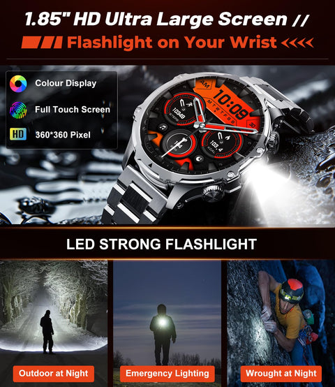 Militrary Smart Watch for Men,1.85" HD/800mAh Battery Smart Watches for Android/iOS (Bluetooth Call Answer/Calls)Fitness Tracker,Flashlight/IP68 Waterproof/100+ Sports/Sleep Tracker Smartwatch Large