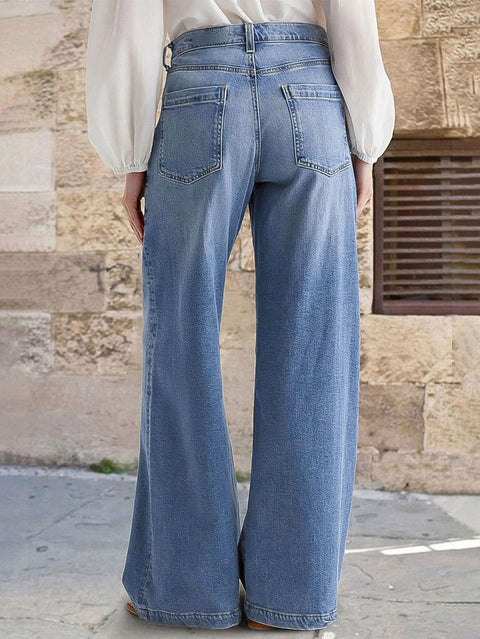 Flamingals Wide Leg Jeans for Women Mid Waist Baggy Stitch Decor Denim Washed Pants Without Belt Mid Blue L
