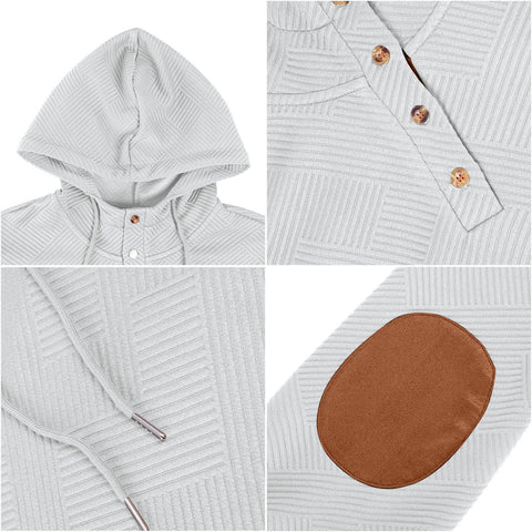 Mens Fashion Pullover Hoodies Long Sleeve Thermal Drawstring Button Texture Hooded Sweatshirt Grey