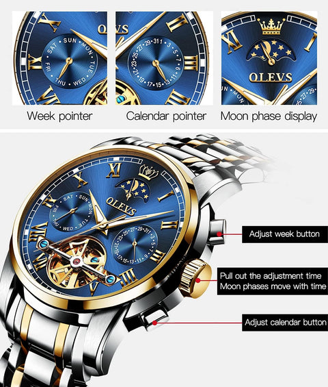 OLEVS Men's Automatic Mechanical Watches Luxury Dress Waterproof Self Winding Moon Phase Chronograph Stainless Steel Luminous Date Tourbillon Wristwatch for Men (Blue Dial and Gold Silver Strap) OLEVS