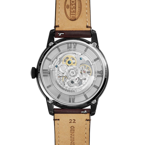 Fossil Men's Townsman Automatic Stainless Steel and Leather Three-Hand Skeleton Watch, Color: Black, Cognac (Model: ME3098) Fossil
