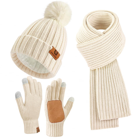 Uerymit Womens Winter Beanie Hat with Pom Pom Fleece Lined Warm Knit Beanie Touchscreen Gloves Long Neck Scarf 3 Set Skull Caps Gifts for Women Men Apricot Uerymit