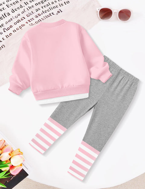 NAPU Little Girls Clothes 4T Toddler Girl Outfits Size 5T Winter Clothes for Kids Pullover Pink Long Sleeve Sweatsuits and Striped Leggings Gray Pants Casual Fall Outfit