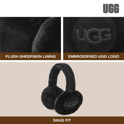 UGG Women's Water Resistant Sheepskin Earmuffs with Embroidered Logo, Black, One Size UGG