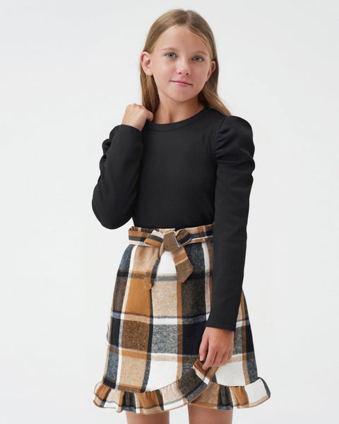 Yhnslsf Clothes for Girls 13-14Years, Fall Outfits 2 Piece Skirt Set Black Long Sleeve Ruffle Sleeve Top Dark Apricot Irregular Pleated Plaid Skirt Set Winter Preppy Clothing for Teen Girl