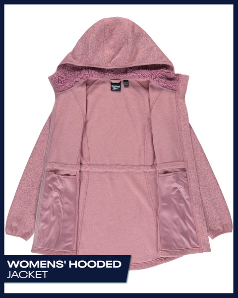 Reebok Womens Fleece Jacket - Lightweight Fleece Jacket Women Sherpa Lined Long Hooded Zip Up Womens Sweaters with Pockets, Size Large, Orchid Pink