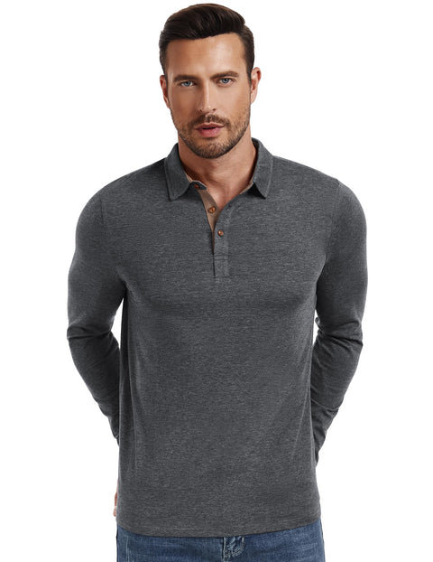 PEGENO Mens Polo Long Sleeve Shirt Classic Button Basic Solid Color Designed Collared Polo Shirt Fashion Casual Golf Shirts Dark Grey X Large