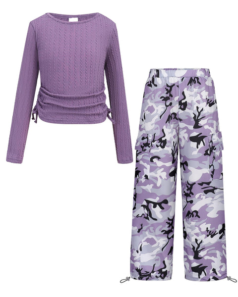 Yhnslsf Girls Clothes size 9 10 Tween Girl Clothing Long Sleeve Ruched Drawstring Ribbed Knit T Shirt Purple Camo Cargo Pants Kids Trendy School Fall Winter Outfits
