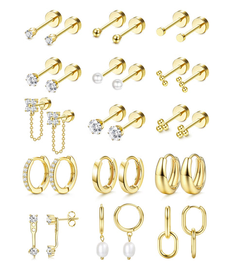 LOLIAS Flat Back Earrings for Women Hypoallergenic Surgical Steel Earrings for Sensitive Ears-20G Cartilage Earring Stacks 14K Gold Plated Hoops Flatback Stud Earring Sets for Multiple Piercing 14K Gold Plated