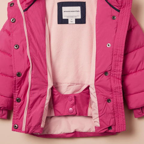 Amazon Essentials Girls' Heavyweight Hooded Puffer Coat, Water-Resistant, Pink, Small