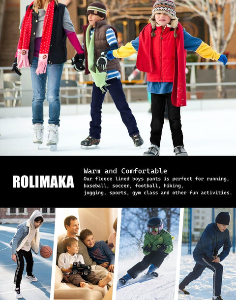Rolimaka 4 Pcs Boys Sweatpants Soft Fleece Lined Open Bottom Youth Basic Athletic Joggers with Pockets Thermal Pants for Boys Black/Light Grey/Dark Grey/Blue L