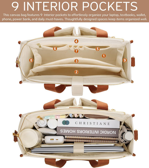 Canvas Tote Bag for Women, 15-Pocket Large Crossbody Purse Shoulder Satchel Handbag Bible Laptop Bag Zipper Bookbag for Teacher Nurse Work Travel College Everyday