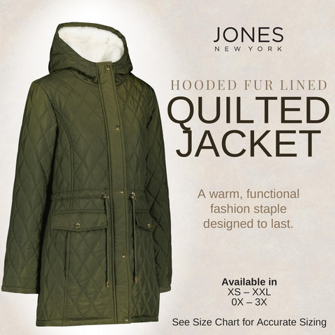 Jones NY Diamond-Quilted Jacket Anorak with Fur Lining - Winter Coats for Women, Olive - M Jones New York