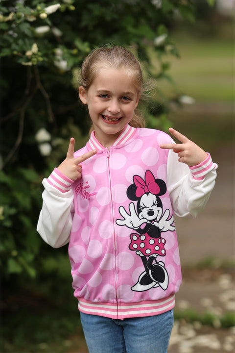 Disney Minnie Mouse Little Girls Jacket Varsity Bomber Letterman Baseball Kids Fall Clothes Polka Dot Lightweight Sweatshirt Colorblock Zip-up Coat 3T