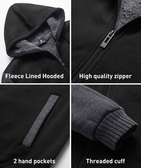 SCODI Hoodies for Men Heavyweight Fleece Sweatshirt - Full Zip Up Thick Sherpa Lined Hooded Jacket Black Grey L