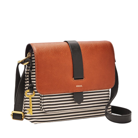 Fossil Women's Kinley Leather & Fabric Small Crossbody Purse Handbag, Black Stripe (Model: ZB7226080) Fossil