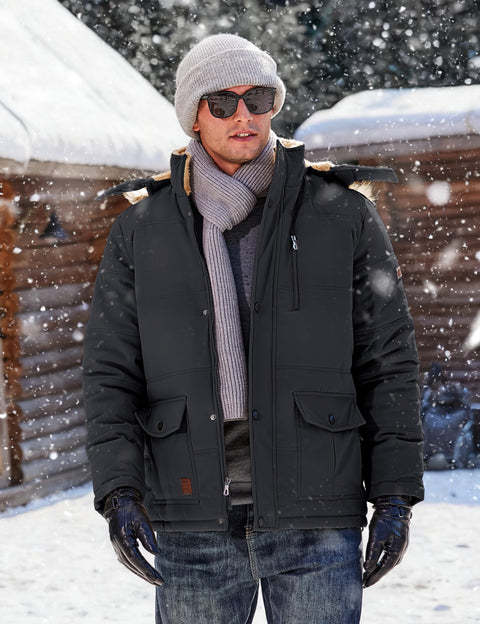 TACVASEN Coat for Men Winter Jacket with Hood Water Repellent Windbreaker Warm Fleece Hiking Jacket Black