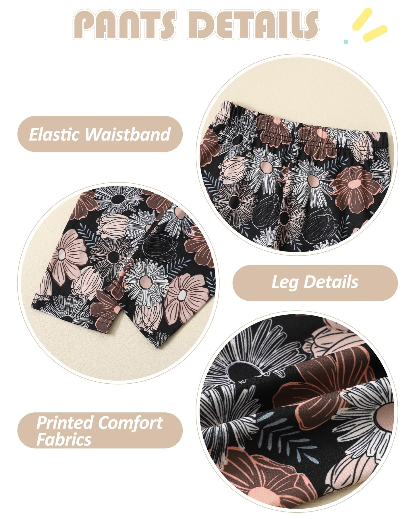 SOLOYEE Toddler Girl Clothes 5T 6T Girls Fall Winter Outfit, Long Sleeve Ruffle Bowknot Top + Floral Pants 2Pcs Clothing Set (Khaki, 5-6T)