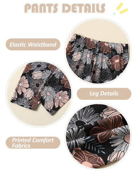 SOLOYEE Toddler Girl Clothes 5T 6T Girls Fall Winter Outfit, Long Sleeve Ruffle Bowknot Top + Floral Pants 2Pcs Clothing Set (Khaki, 5-6T)