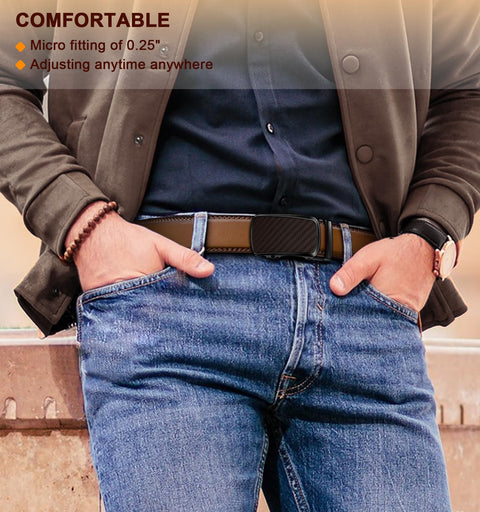 BULLIANT Men's Ratchet Belt 2 Pack-Click Leather Belt Adjustable for Men Gift 1 3/8-Cut for Perfect Fit(Black/Tawny,32"-38" Waist Adjustable)