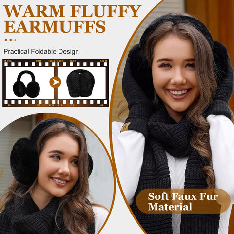 Jyanl Womens Winter Beanie Hat Scarf Gloves Set Fleece Hat Long Scarf Neck Warmer Ear muffs Fuzzy Socks 5 in 1 Knit Sets Jyanl