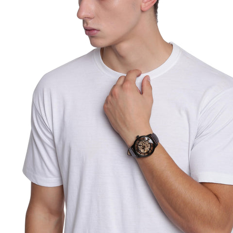 Fossil Men's Townsman Automatic Stainless Steel and Leather Three-Hand Skeleton Watch, Color: Black, Cognac (Model: ME3098) Fossil