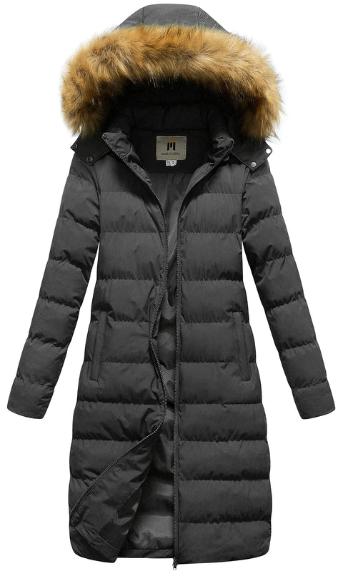 CREATMO US women's Maxi Long Quilted Jacket Water Repellent Winter Warm Coat With Detachable Hood Grey M