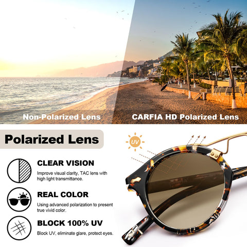 CARFIA Small Face Acetate Polarized Sunglasses for Women UV Protection, Retro Double Bridge Eyewear Metal Brow Round Sunnies