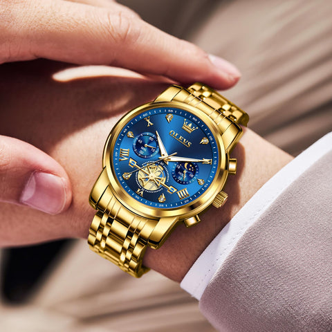 OLEVS Mens Gold Watches Dress Chronograph Watch Men Stainless Steel Diamond Multi-Function Men's Analog Watches Quartz Luxury Moon Phase Casual Blue Large Face Watch for Men Luminous Easy to Read