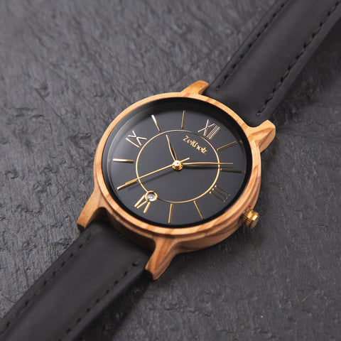 Zeitholz Wooden Watch Women, Wooden Watch, Gifts, Analog Watch, Date, New Rosenbach Collection 36mm, Natural Wood, Japanese Quartz Movement, Leather Strap. (Black) Zeitholz