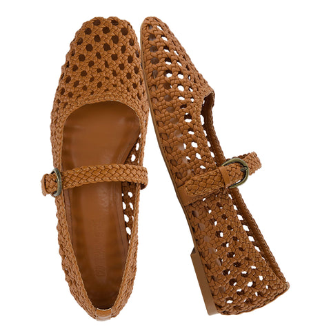 CUSHIONAIRE Weston Women’s Hand Woven Dressy Ballet Flats – Faux Leather Mary Jane with Adjustable Strap & Memory Foam, COGNAC 7
