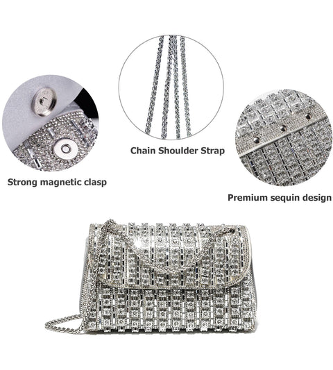 Sweetovo Rhinestones Clutch Purses for Women Chain Shoulder Bags Sparkly Evening Bags Handbags for Cocktail Prom Party Wedding(Silver) Sweetovo