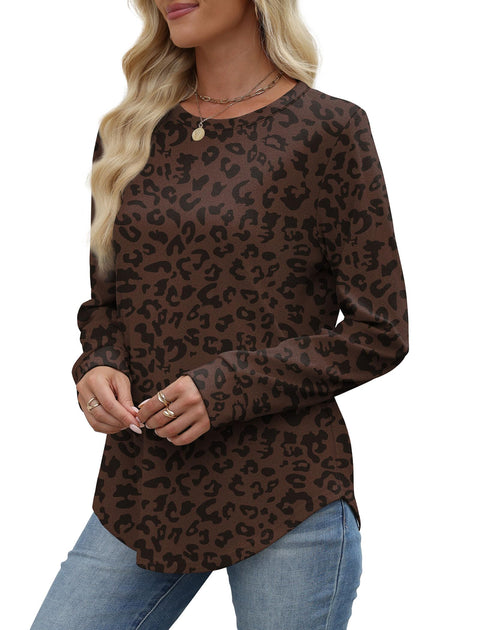 Womens Tops Boho Long Sleeve Shirts Fall Sweaters 2025 Lightweight Sweatshirts Winter Old Money Clothes Chocolate Brown Leopard Print L