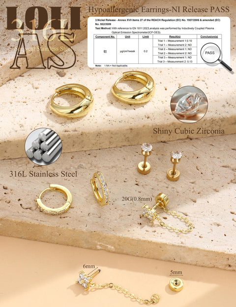 LOLIAS Flat Back Earrings for Women Hypoallergenic Surgical Steel Earrings for Sensitive Ears-20G Cartilage Earring Stacks 14K Gold Plated Hoops Flatback Stud Earring Sets for Multiple Piercing 14K Gold Plated