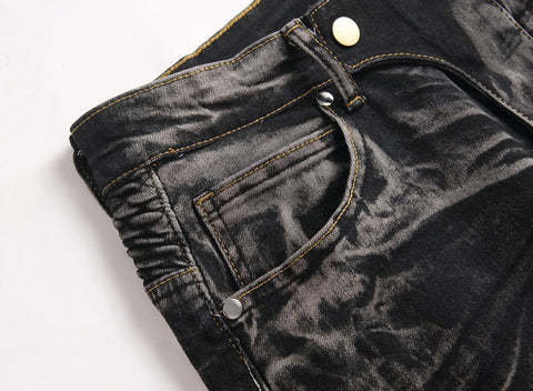 DISLANBO Men's Biker Moto Style Distressed Slim Fit Straight Leg Stretch Denim Jeans Black