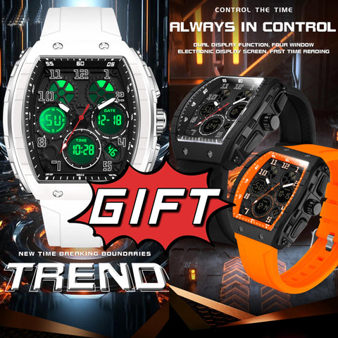 Watches for Men Unique Rectangle Relojes para Hombres White Wristwatch with Digital Analog Dual Time Display Countdown Stopwatch Punk Cool Design 5ATM Waterproof