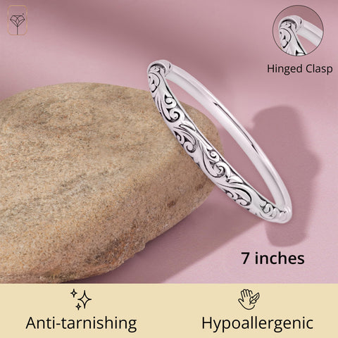 MAX + STONE Lightweight 925 Sterling Silver Bracelet for Women | 7 Inch Filigree Bracelet with Hinged Clasp | Anti-tarnishing Sterling Silver Bangle Bracelet for Women | Silver Bangles for Women MAX + STONE